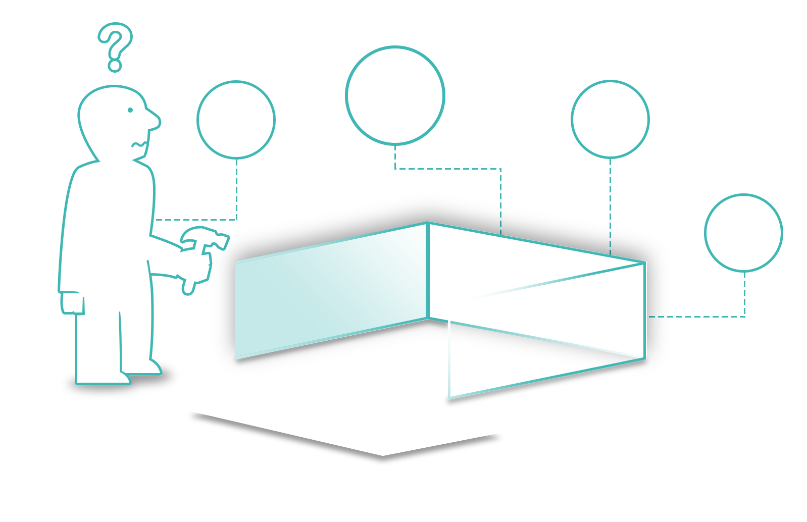 Instructional diagram of a confused person building a booth, with icons indicating needs for a monitor, tape, electric, and tacos.